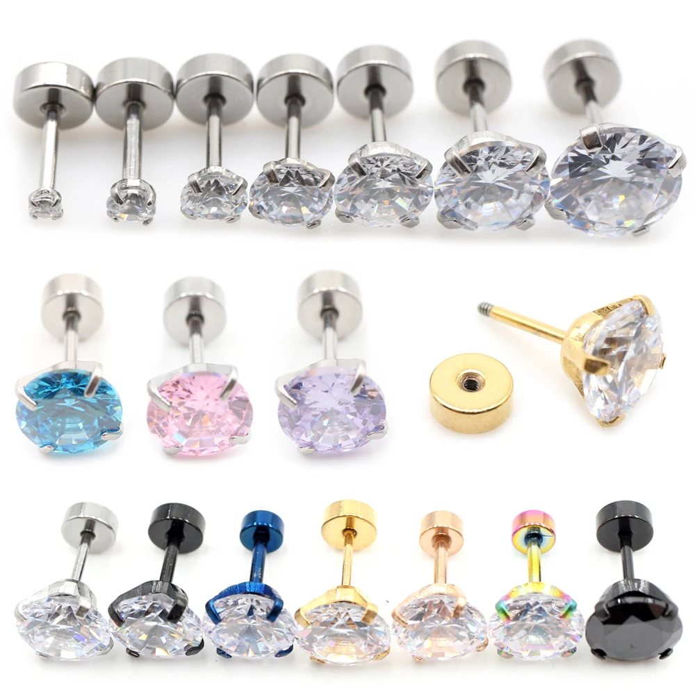 Alisouy 2pcs Stainless steel Unisex Women Men Round Crystal Zircon Ear Studs Earrings 4 Prong Tragus Cartilage Piercing Jewelry