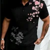 American men's summer golf cherry blossom bamboo leaf print comfortable breathable polo short sleeved T-shirt outdoor casual top