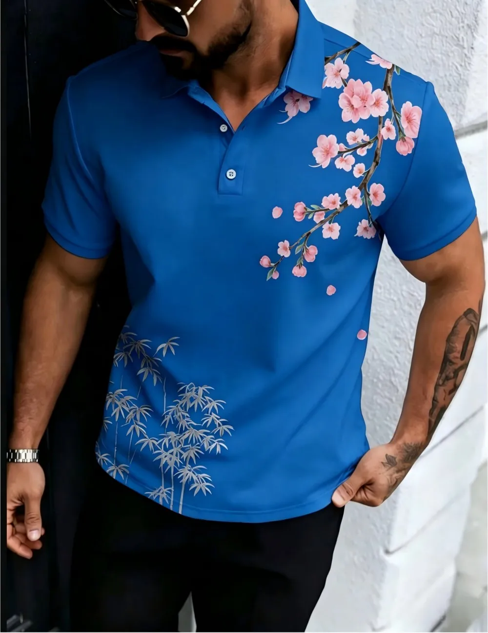 American men's summer golf cherry blossom bamboo leaf print comfortable breathable polo short sleeved T-shirt outdoor casual top - Image 4