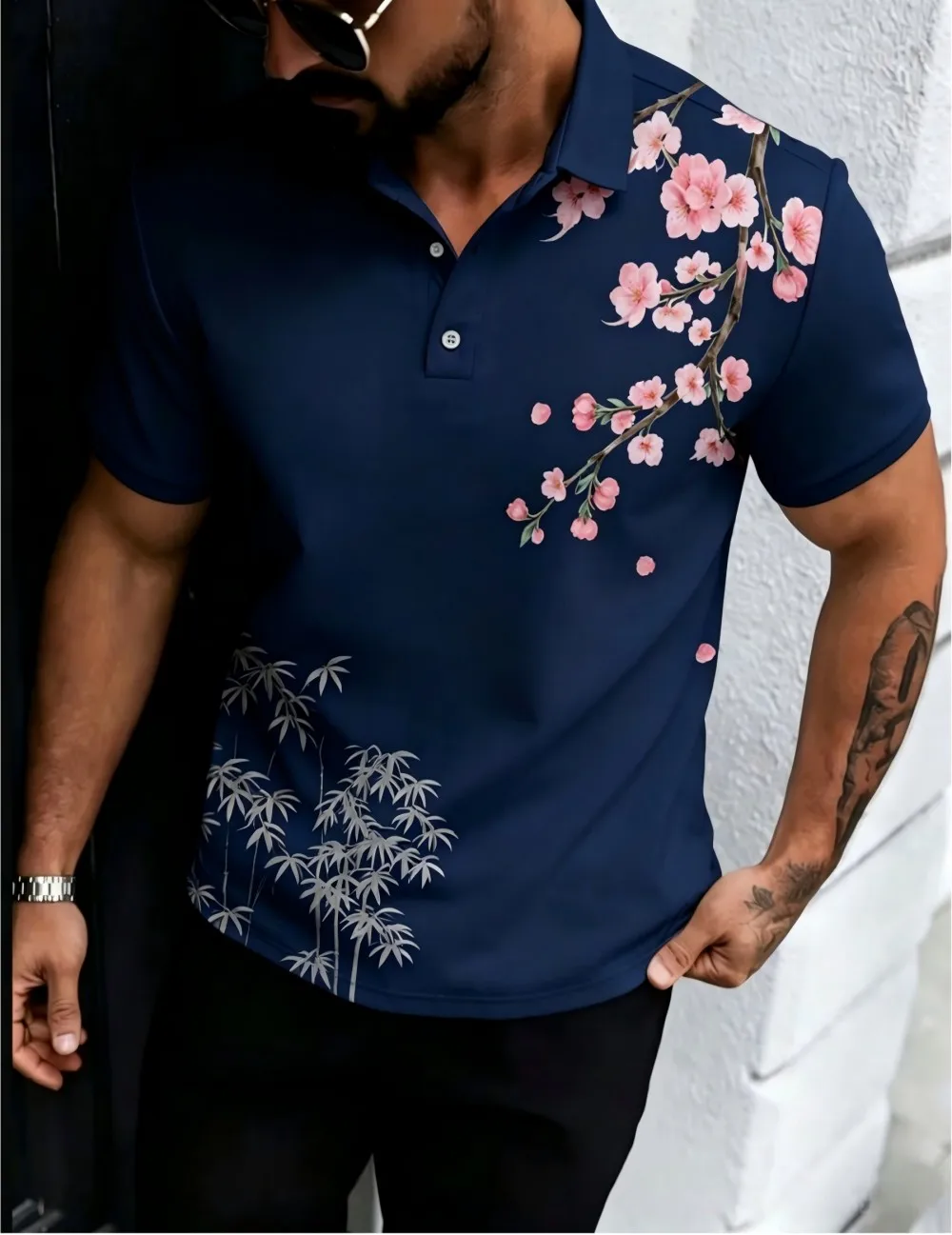 American men's summer golf cherry blossom bamboo leaf print comfortable breathable polo short sleeved T-shirt outdoor casual top - Image 3