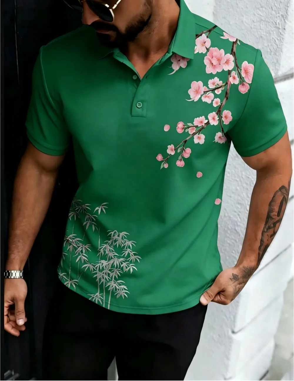 American men's summer golf cherry blossom bamboo leaf print comfortable breathable polo short sleeved T-shirt outdoor casual top - Image 5