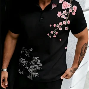 American men's summer golf cherry blossom bamboo leaf print comfortable breathable polo short sleeved T-shirt outdoor casual top