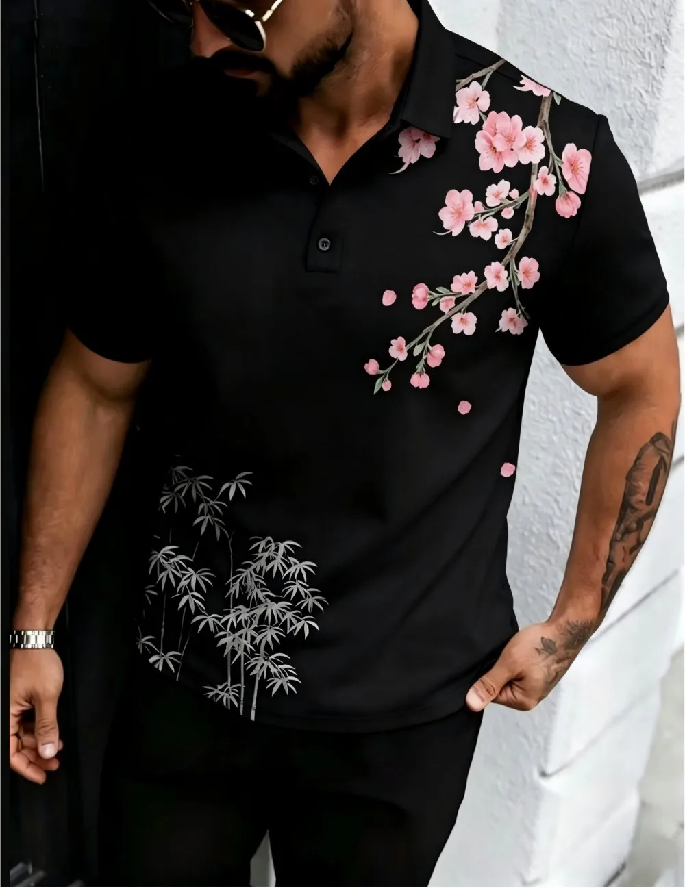 American men's summer golf cherry blossom bamboo leaf print comfortable breathable polo short sleeved T-shirt outdoor casual top