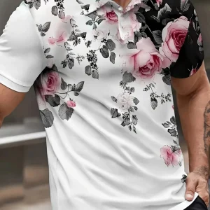 American men's summer personalized rose graffiti print micro elastic breathable polo short sleeved T-shirt outdoor casual top