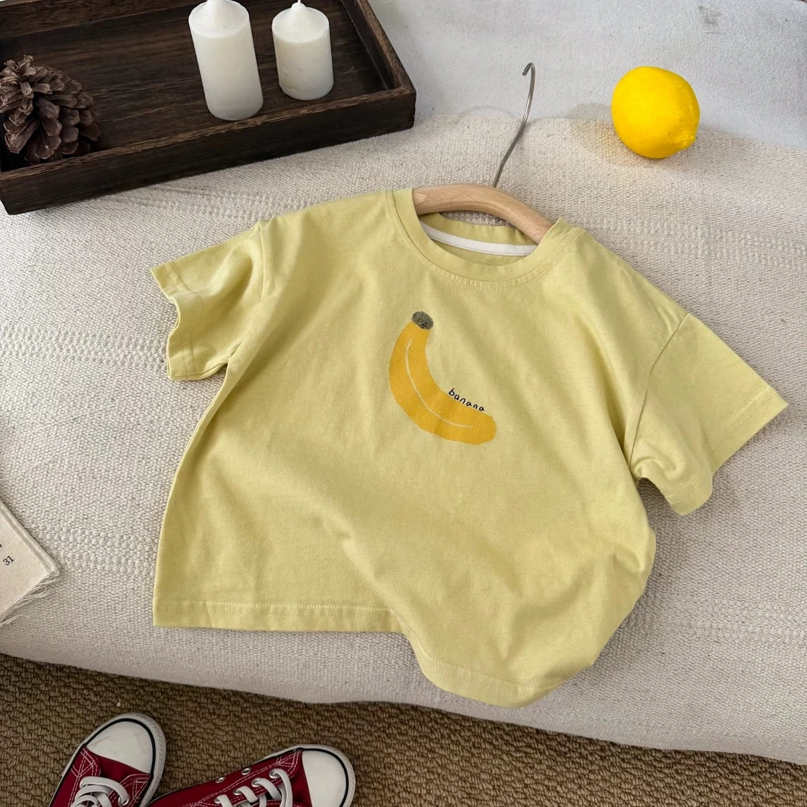 Apple Banana Tshirt For Boys And Girls Cute Summer Clothes Round Neck Base Shirt Pure Cotton Tops Toddler White Yellow Tees - Image 2
