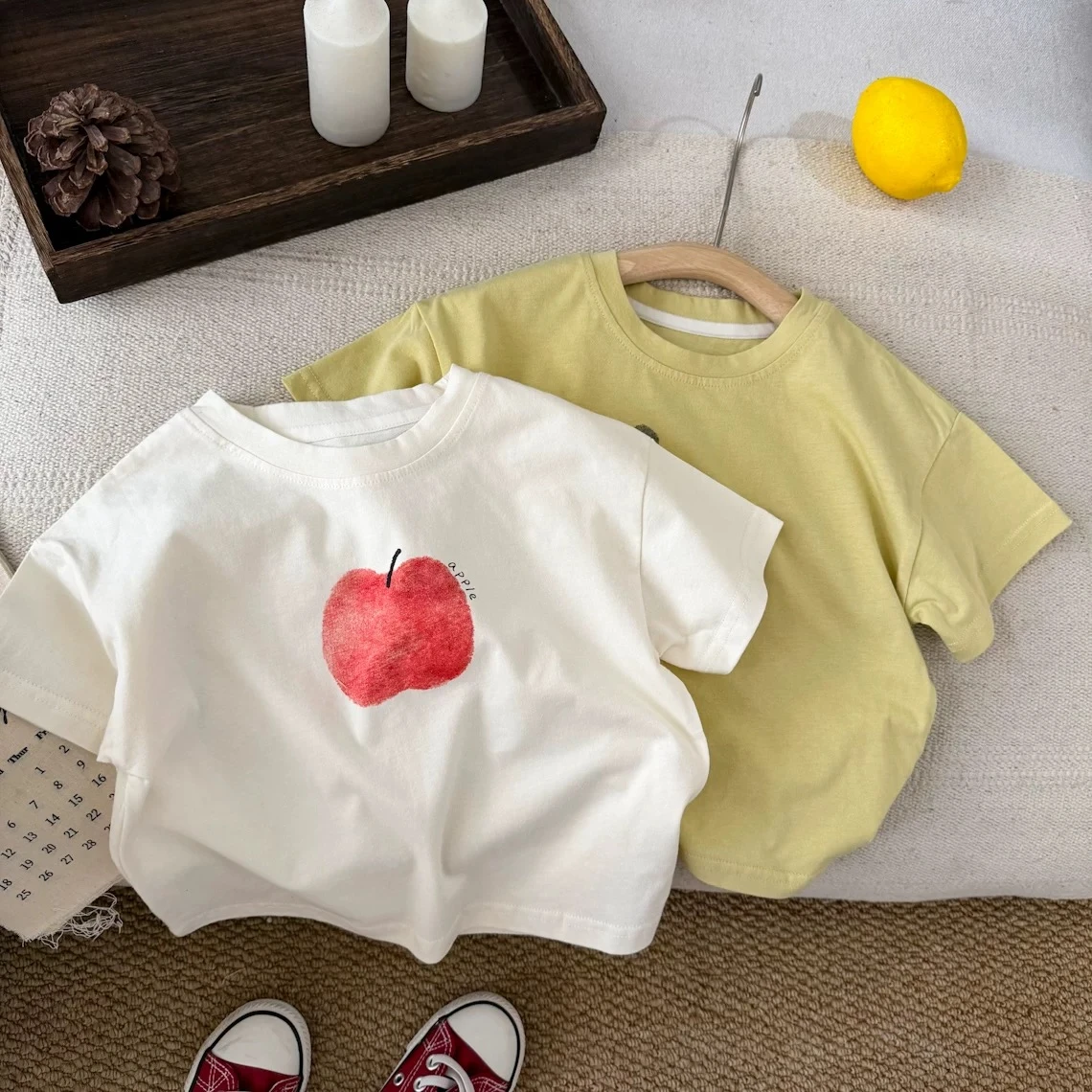 Apple Banana Tshirt For Boys And Girls Cute Summer Clothes Round Neck Base Shirt Pure Cotton Tops Toddler White Yellow Tees - Image 3