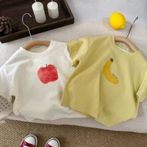 Apple Banana Tshirt For Boys And Girls Cute Summer Clothes Round Neck Base Shirt Pure Cotton Tops Toddler White Yellow Tees