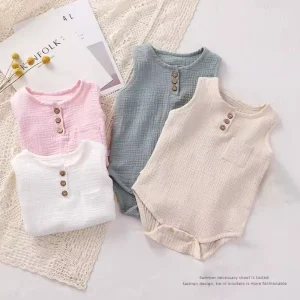 Baby Cotton Gauze Onesie Summer Lightweight Sleeveless Bodysuit Breathable Clothes for Sleep and Daily Wear