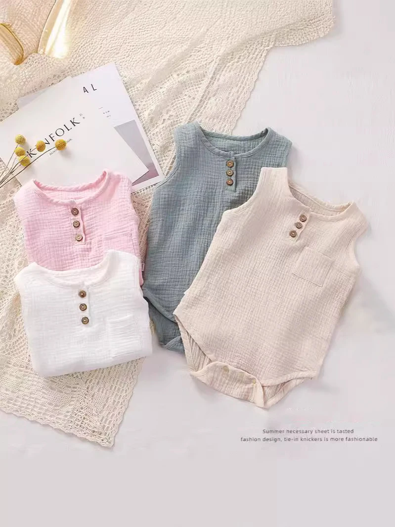 Baby Cotton Gauze Onesie Summer Lightweight Sleeveless Bodysuit Breathable Clothes for Sleep and Daily Wear