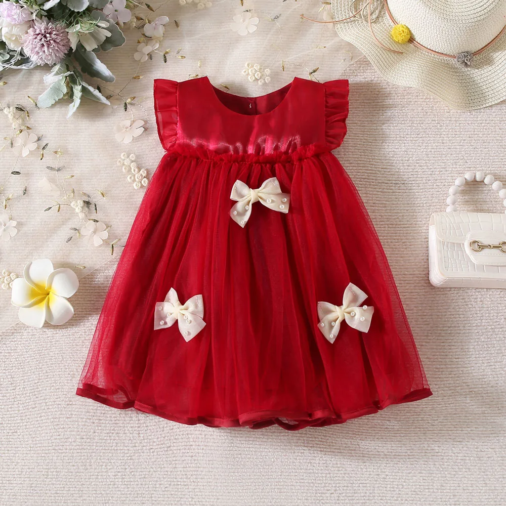 Baby Girl Clothing Summer Bow Solid Color Puffy Girl Kid's Dress Cute Birthday Celebration Baby Dresses Kid's Princess Dresses - Image 2