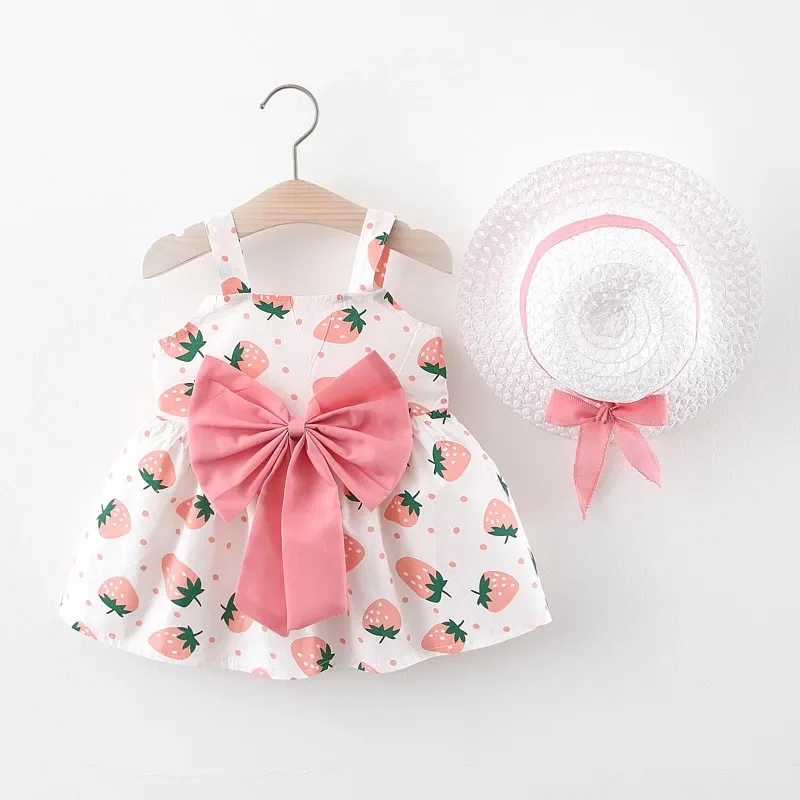 Baby Girl Dress Summer Strawberry Print Strapless Girl Dress Cute Bow Baby Beach Dress With Hat Baby Girl Clothes - Image 2