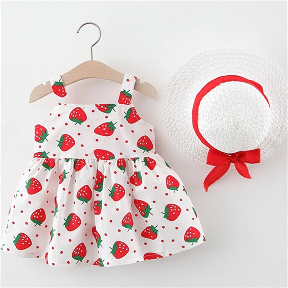 Baby Girl Dress Summer Strawberry Print Strapless Girl Dress Cute Bow Baby Beach Dress With Hat Baby Girl Clothes - Image 4