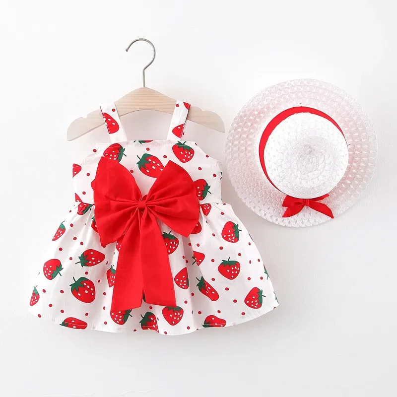 Baby Girl Dress Summer Strawberry Print Strapless Girl Dress Cute Bow Baby Beach Dress With Hat Baby Girl Clothes - Image 3