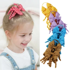 Baby Girls Back To School Ribbon Curly Hair Bow with Ties Rope Elastic Hairbands Kids Ponytail Holder Bowknot Hair Accessories