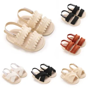Baby Girls Boho Pom Pom Sandals Summer Woven Strap Adjustable Ankle Strap Soft Non Slip Sole Infant First Walkers Shoes 0-18M