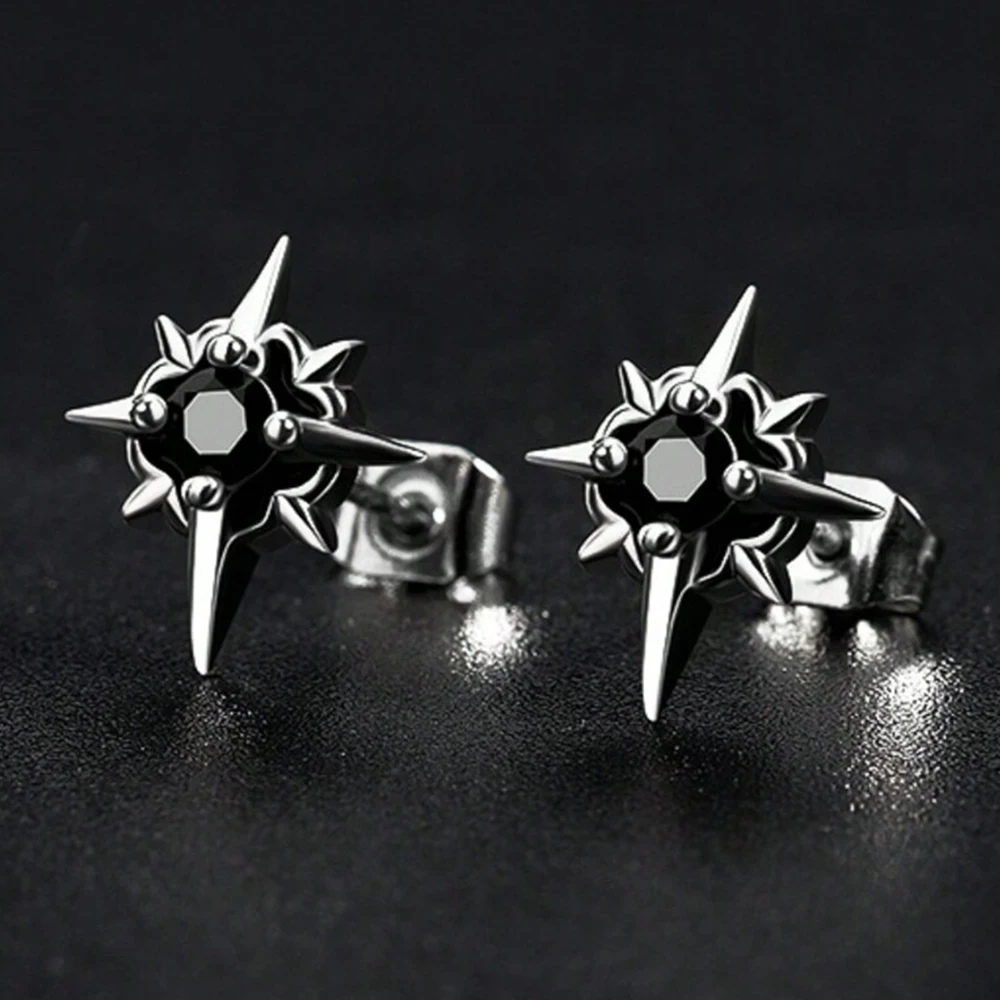 Black CZ Metal Star Earring Stud For Men Women Hip Hop Style Antique Silver Color Start Clear Crystal Couple Post Earrings - Image 3