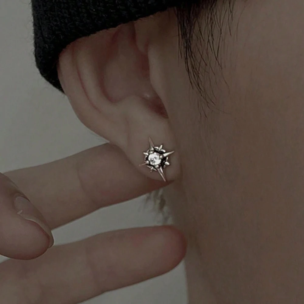 Black CZ Metal Star Earring Stud For Men Women Hip Hop Style Antique Silver Color Start Clear Crystal Couple Post Earrings - Image 5