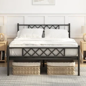 Black Metal Bed Frame with Headboard and Footboard, Modern Design, Underbed Storage Space-Felix