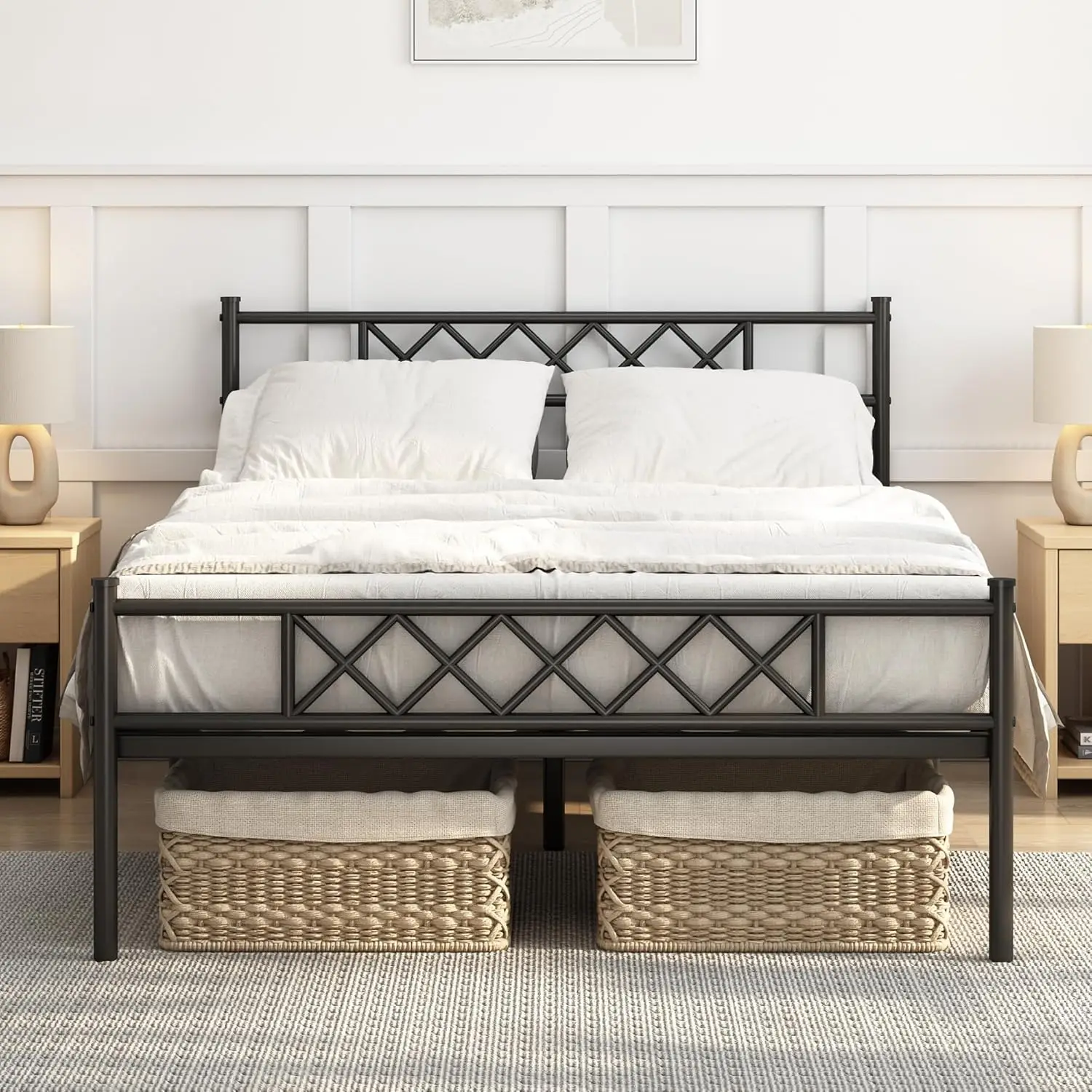Black Metal Bed Frame with Headboard and Footboard, Modern Design, Underbed Storage Space-Felix