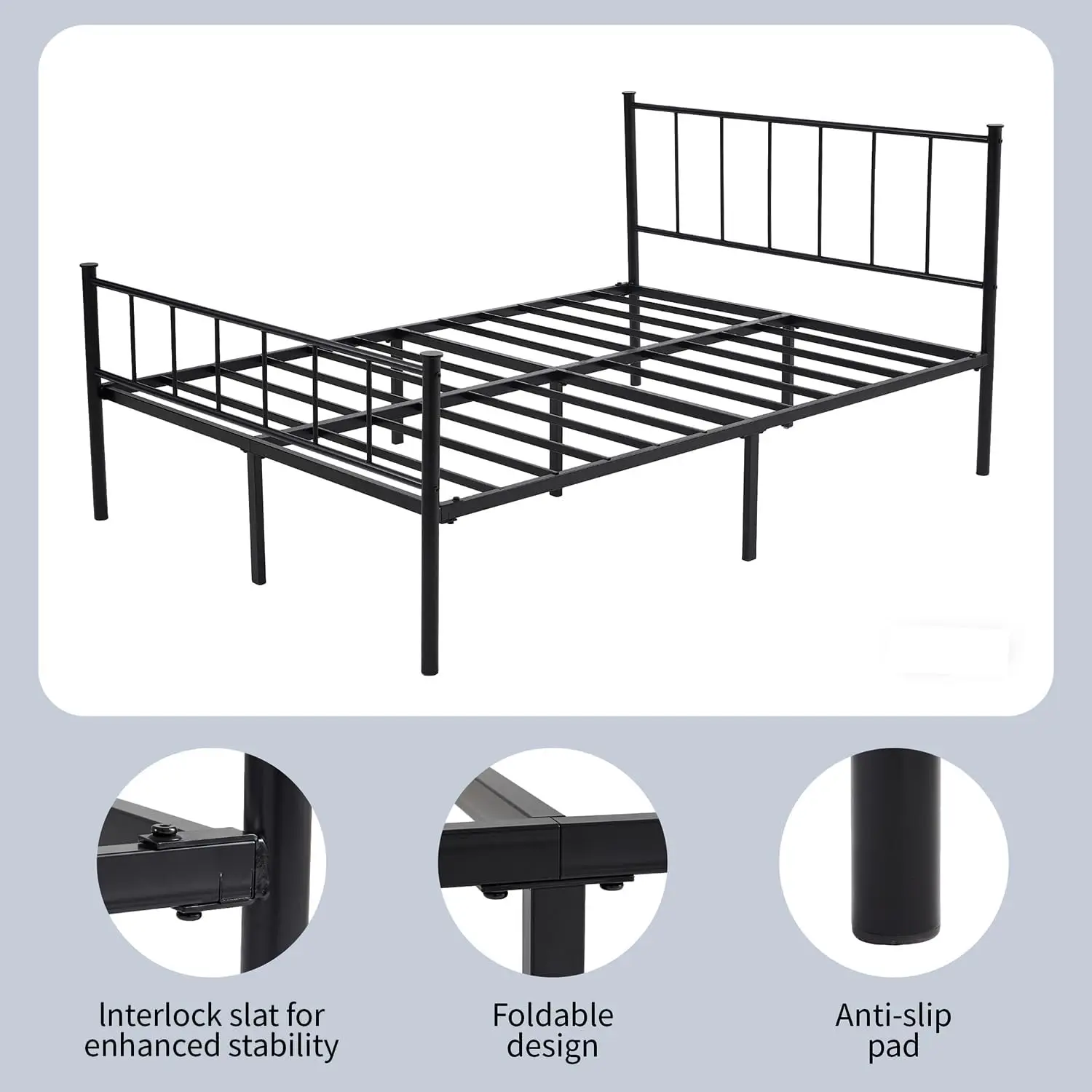 Black Metal Bed Frame — Straight Headboard & Footboard with Slatted Base for Minimalist Bedroom Style-Finn -No Matress - Image 4