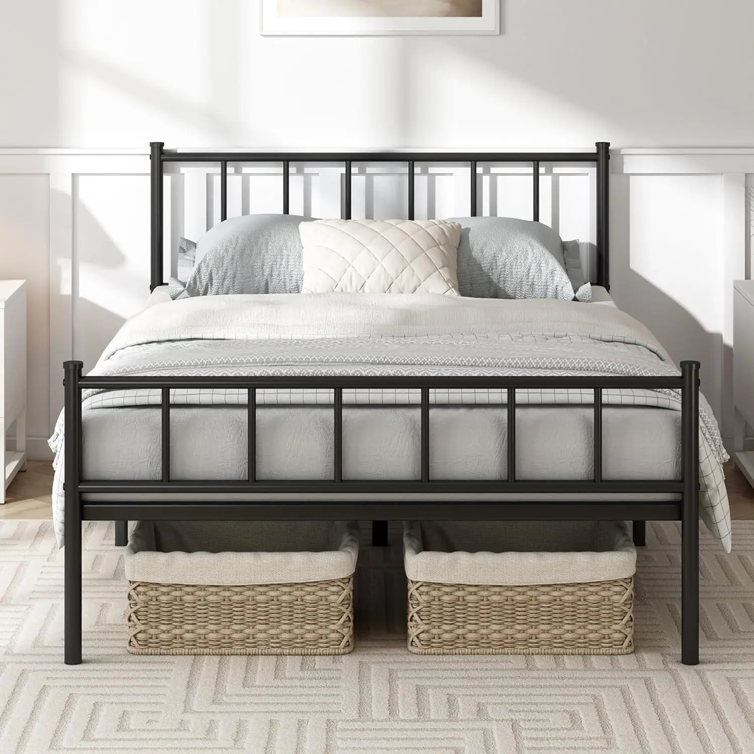 Black Metal Bed Frame — Straight Headboard & Footboard with Slatted Base for Minimalist Bedroom Style-Finn -No Matress