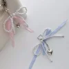 Blue Pink Lattice Ribbon Keychains Bowknot Pearls Heart Bag Pendant Elegant Beaded Keyring Y2k Sweet Korea Jewelry Accessories