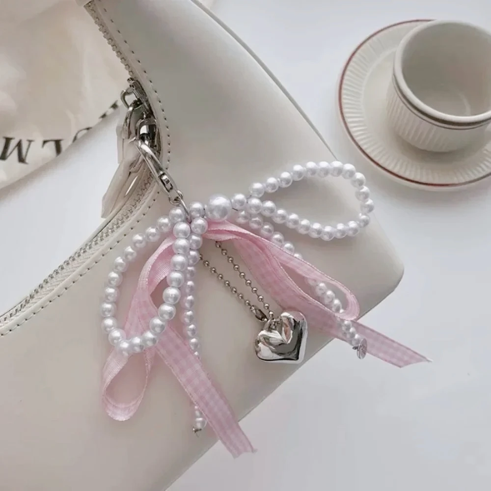 Blue Pink Lattice Ribbon Keychains Bowknot Pearls Heart Bag Pendant Elegant Beaded Keyring Y2k Sweet Korea Jewelry Accessories - Image 3