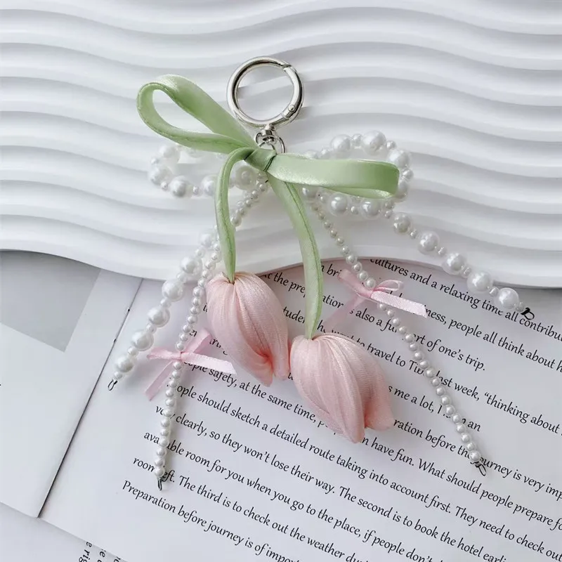 Blue Pink Lattice Ribbon Keychains Bowknot Pearls Heart Bag Pendant Elegant Beaded Keyring Y2k Sweet Korea Jewelry Accessories - Image 6