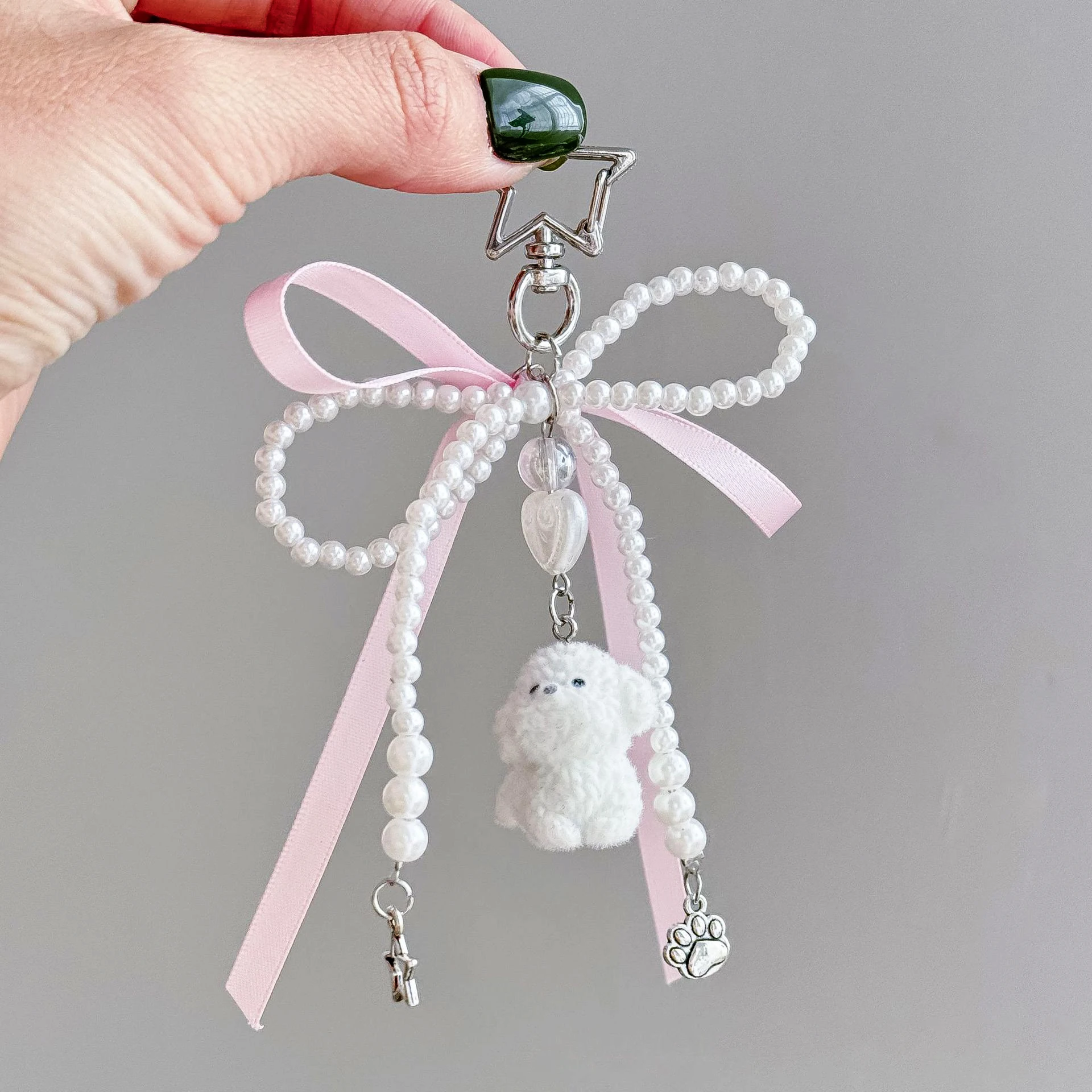 Blue Pink Lattice Ribbon Keychains Bowknot Pearls Heart Bag Pendant Elegant Beaded Keyring Y2k Sweet Korea Jewelry Accessories - Image 2