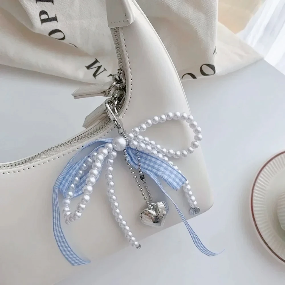 Blue Pink Lattice Ribbon Keychains Bowknot Pearls Heart Bag Pendant Elegant Beaded Keyring Y2k Sweet Korea Jewelry Accessories - Image 4