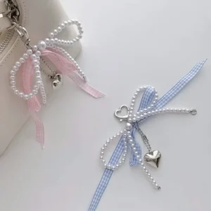 Blue Pink Lattice Ribbon Keychains Bowknot Pearls Heart Bag Pendant Elegant Beaded Keyring Y2k Sweet Korea Jewelry Accessories