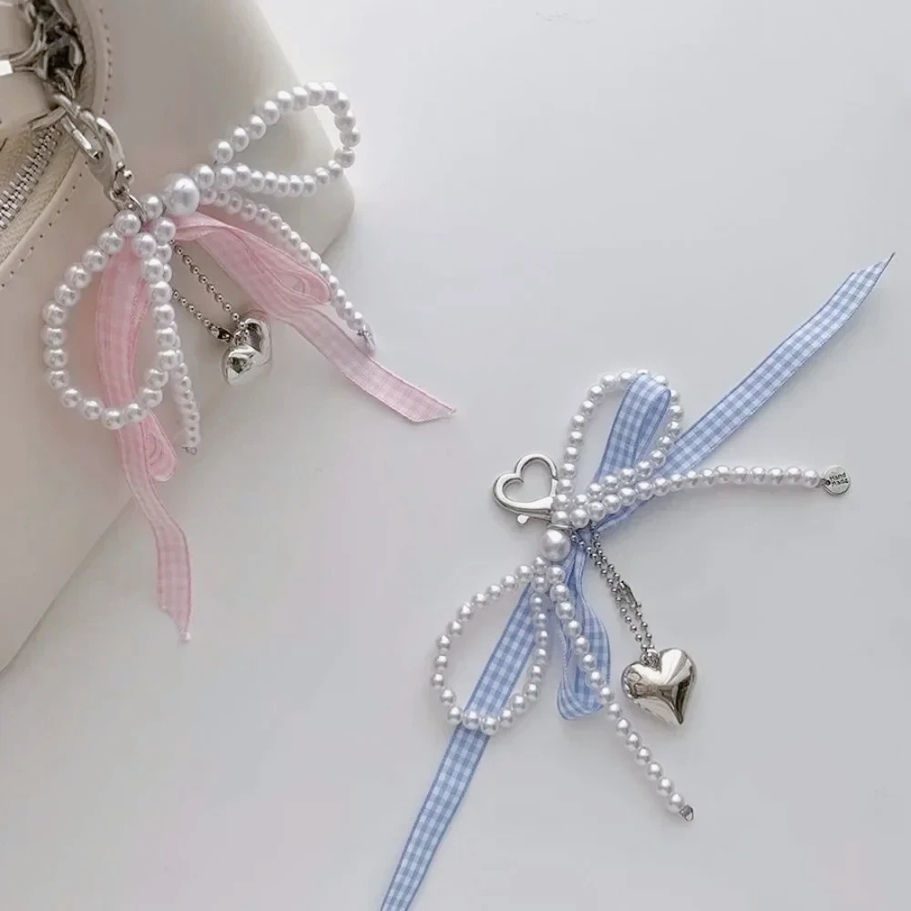 Blue Pink Lattice Ribbon Keychains Bowknot Pearls Heart Bag Pendant Elegant Beaded Keyring Y2k Sweet Korea Jewelry Accessories