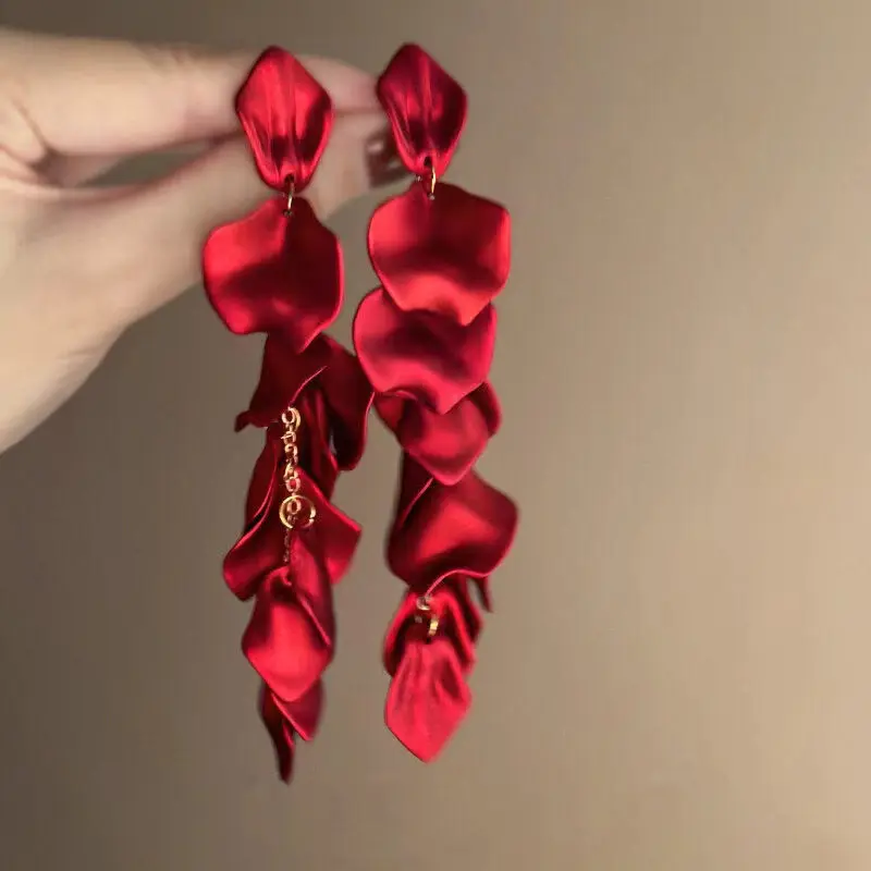 Bohemian Rose Petal Earrings Flower Red Yellow Blue Colors Flower Drop Earrings Long Tassel Earrings Party Wedding Jewelry C - Image 2