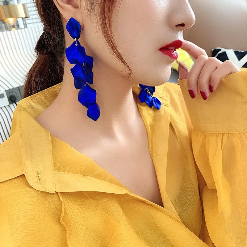 Bohemian Rose Petal Earrings Flower Red Yellow Blue Colors Flower Drop Earrings Long Tassel Earrings Party Wedding Jewelry C - Image 3