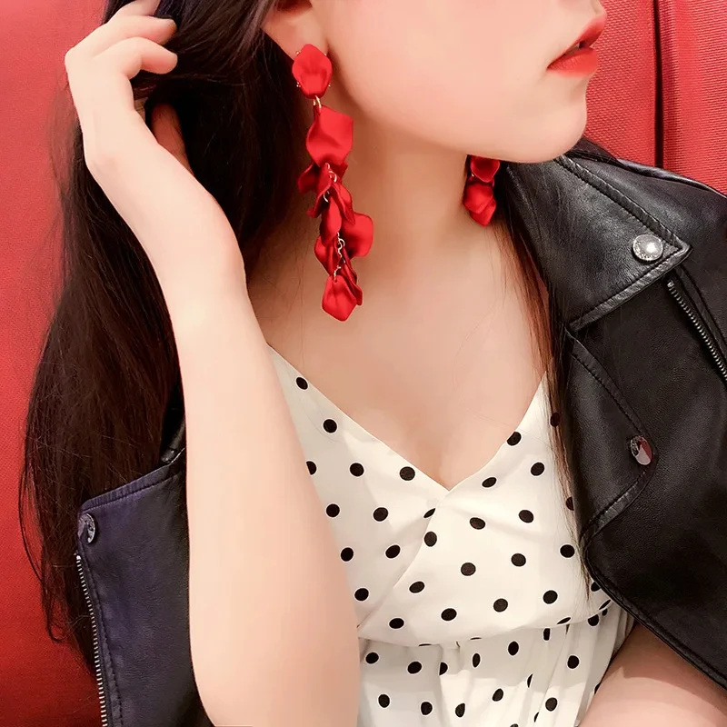 Bohemian Rose Petal Earrings Flower Red Yellow Blue Colors Flower Drop Earrings Long Tassel Earrings Party Wedding Jewelry C