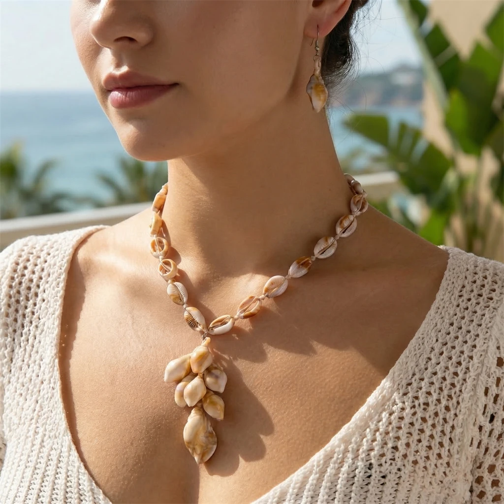Bohemian Shell Conch Acrylic Tassel Necklace Earrings Set for Women Dainty Starfish Shell Vacation Beach Fashion Jewelry Gift - Image 3