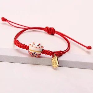 Bracelet Simple Cute Ceramic Lucky Cat Hand-woven Red Colors Rope Bangle Women Girls Jewelry Gift