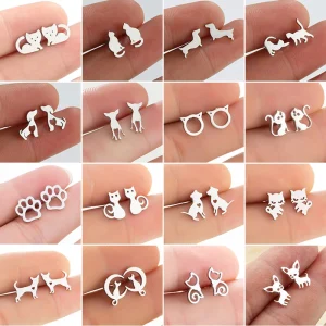 Cartoon Animal Earings Multiple Stainless Steel Cat Stud Earring for Women Girls Small Dog Paw Ear Studs Funny Jewelry Oorbellen