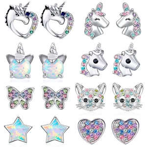 Cartoon Cat Earrings for Kids Girls Crystal Unicorn Star Butterfly Rainbow Heart Zircon Ear Stud Child Jewelry for Friends Gifts