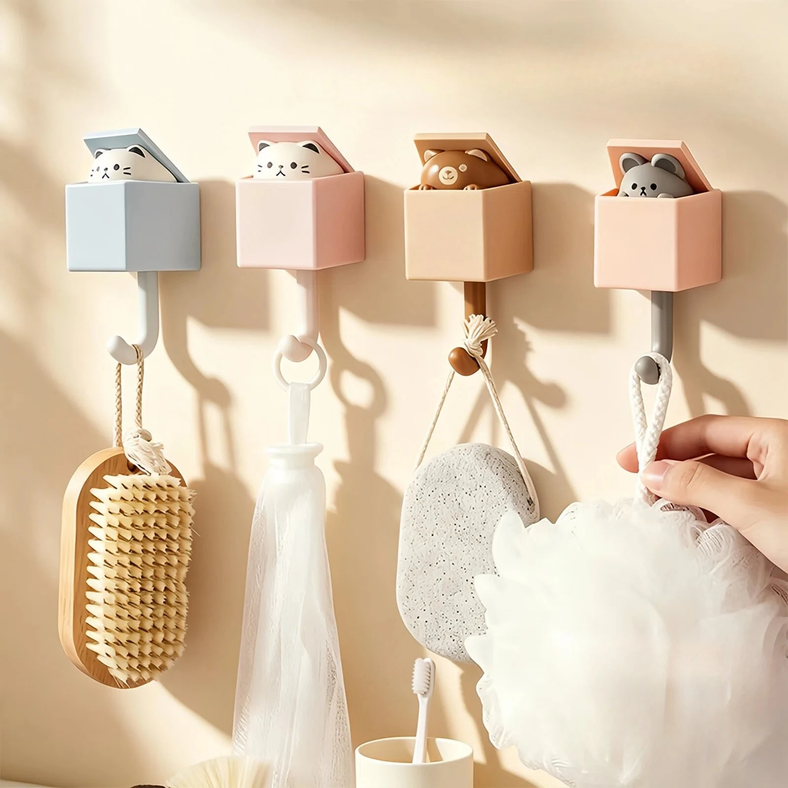 Cartoon Cat Hook Self Adhesive Dormitory Bedroom Door Hanger for Key Umbrella Towel Cap Coat Rack Wall Animal Decor No Drilling