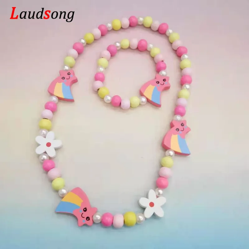 Cartoon Colorful Wooden Unicorn Flower Animal Child Sweater Necklace Bracelet Girl's Gifts Children's Jewelry Kids Toys 2pc - Image 2