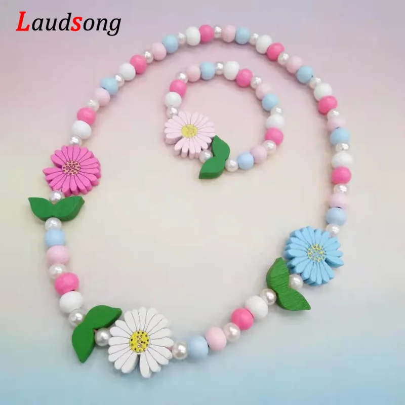 Cartoon Colorful Wooden Unicorn Flower Animal Child Sweater Necklace Bracelet Girl's Gifts Children's Jewelry Kids Toys 2pc - Image 5