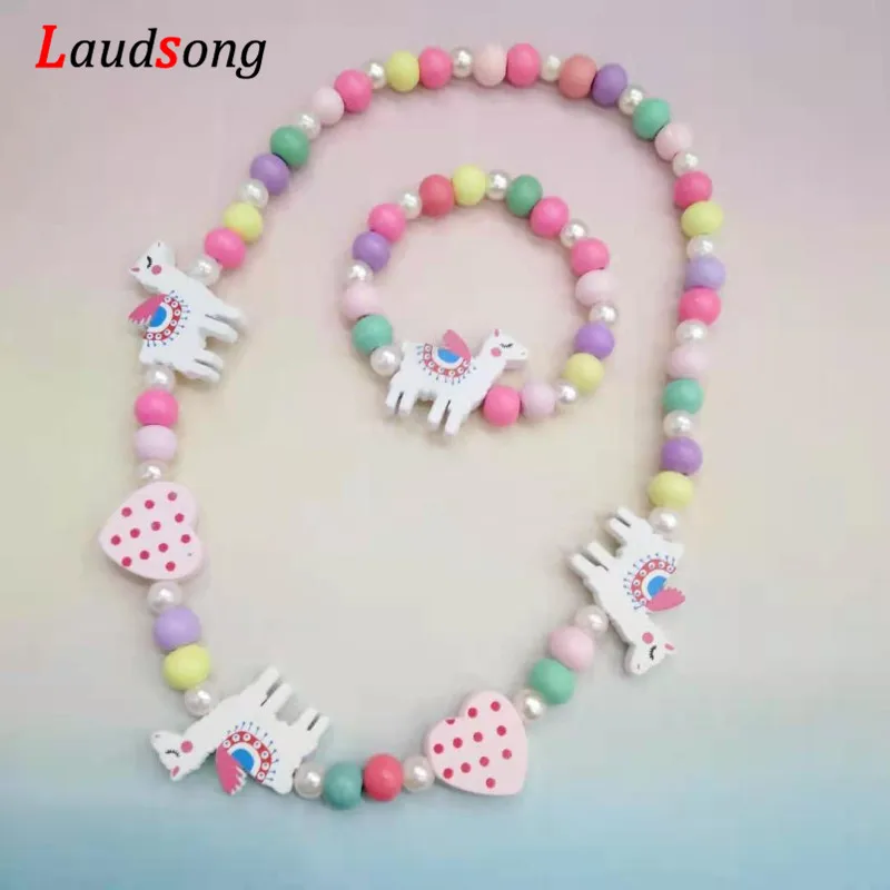 Cartoon Colorful Wooden Unicorn Flower Animal Child Sweater Necklace Bracelet Girl's Gifts Children's Jewelry Kids Toys 2pc - Image 3