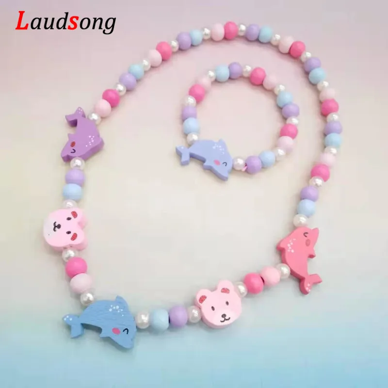 Cartoon Colorful Wooden Unicorn Flower Animal Child Sweater Necklace Bracelet Girl's Gifts Children's Jewelry Kids Toys 2pc - Image 6