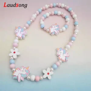 Cartoon Colorful Wooden Unicorn Flower Animal Child Sweater Necklace Bracelet Girl's Gifts Children's Jewelry Kids Toys 2pc