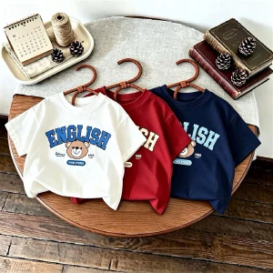 Cartoon Pattern Kids T-shirt Solid Color Printed Short Sleeved Tops Children's Clothes Summer Casual Fashion Crewneck Tshirts