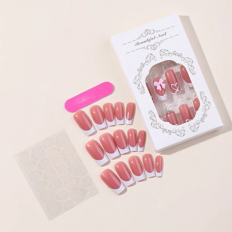 Chic Bows Tie Adorned Press On Nails Medium Long False Nails Full Cover Glossy Nude Square Acrylic False Nails Drop Shipping - Image 2