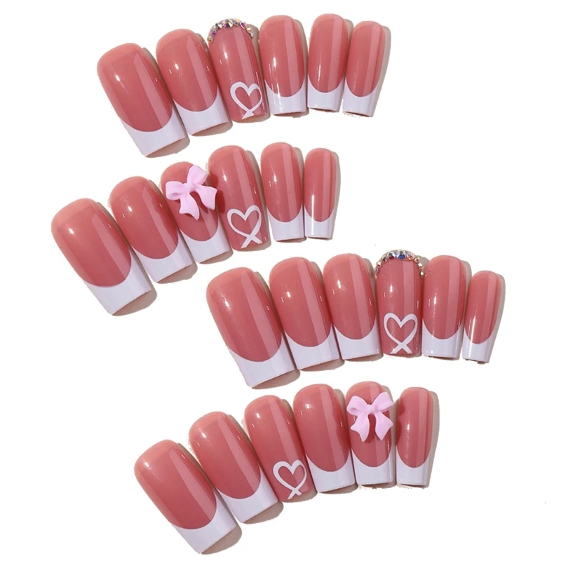 Chic Bows Tie Adorned Press On Nails Medium Long False Nails Full Cover Glossy Nude Square Acrylic False Nails Drop Shipping - Image 4