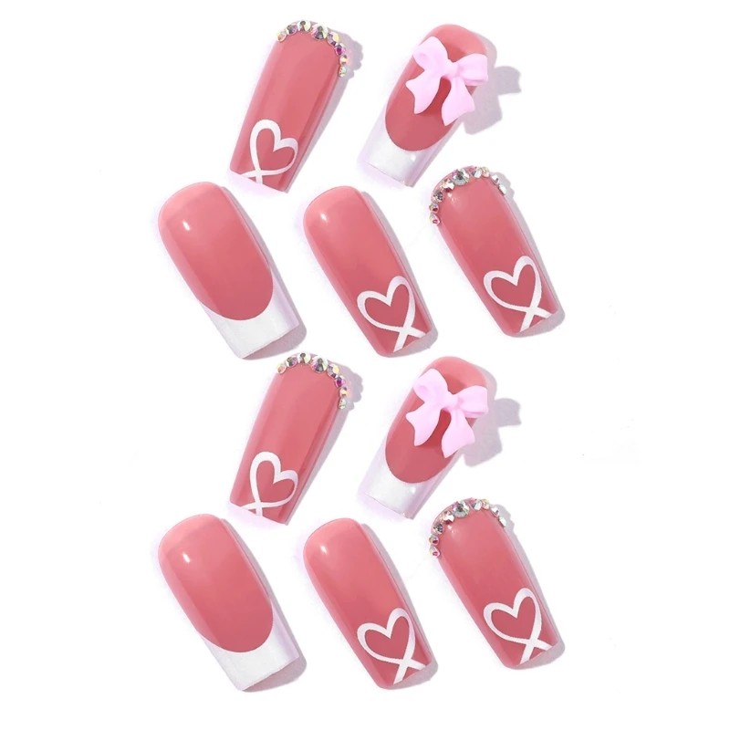 Chic Bows Tie Adorned Press On Nails Medium Long False Nails Full Cover Glossy Nude Square Acrylic False Nails Drop Shipping - Image 5