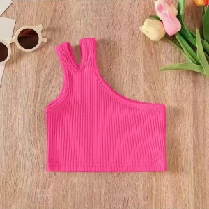 Children's Girls Camisole Crop Top Clothes Summer Slit One-shoulder Sleeveless Kids Tight Stretch Tank Tops